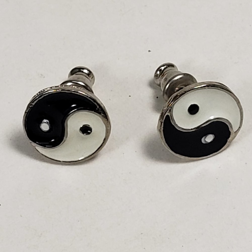 Silver-Tone Yin Yang Stud Earrings – Black White Symbol, 0.4" Minimalist Jewelry - Picture 2 of 8